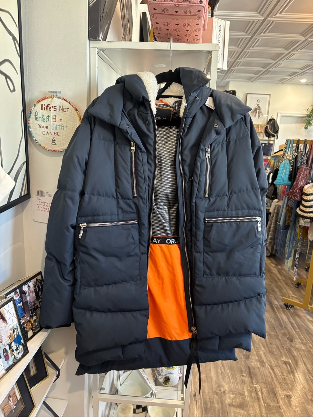 Orolay Long Navy Quilted Puffer Coat with Hood